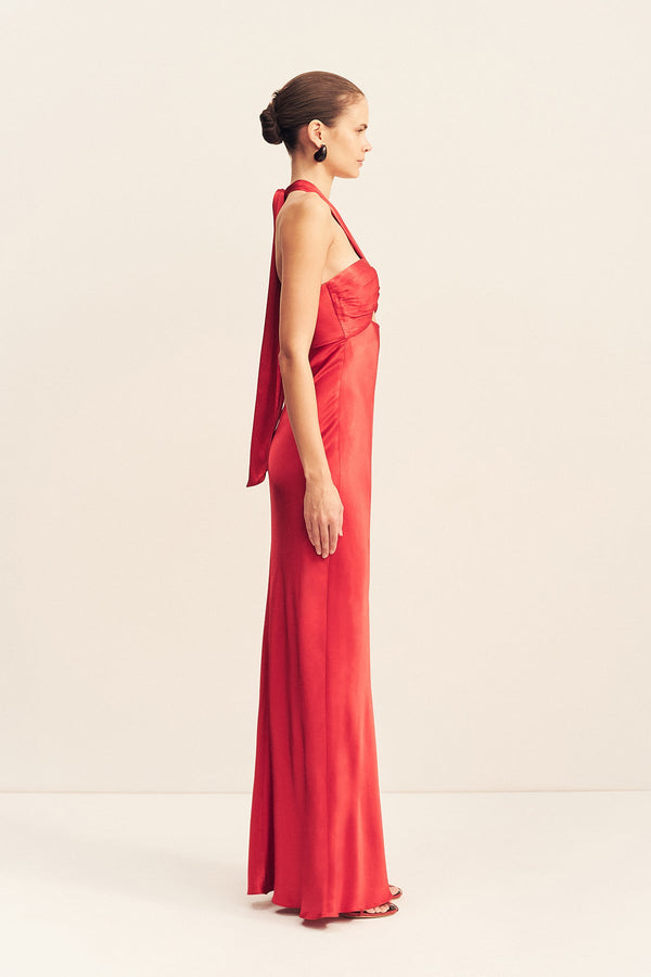 TATUM RUCHED HALTER MAXI DRESS - GRENADINE