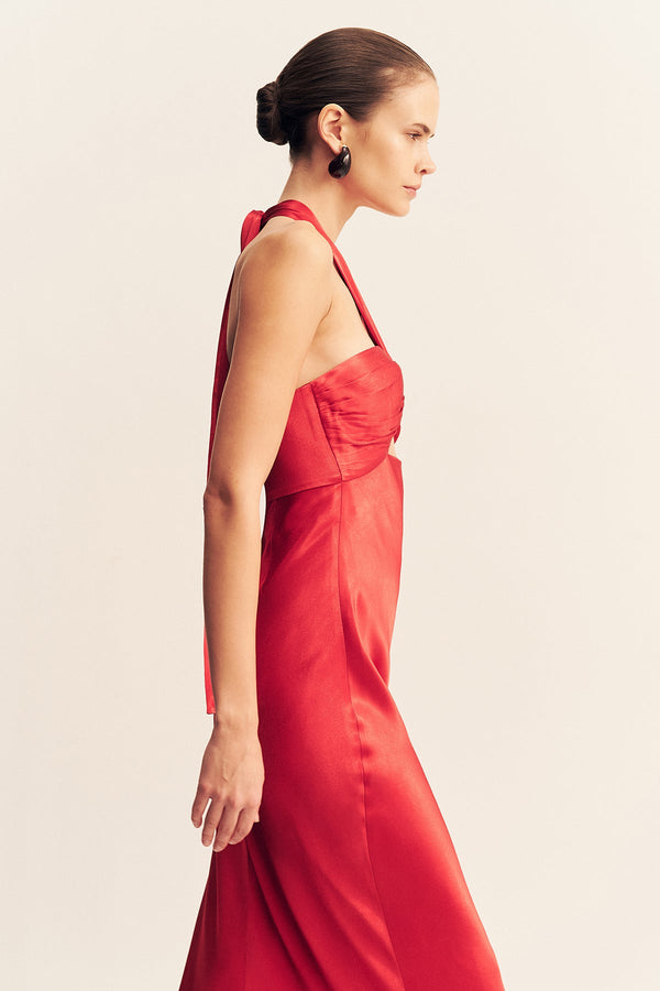 TATUM RUCHED HALTER MAXI DRESS - GRENADINE