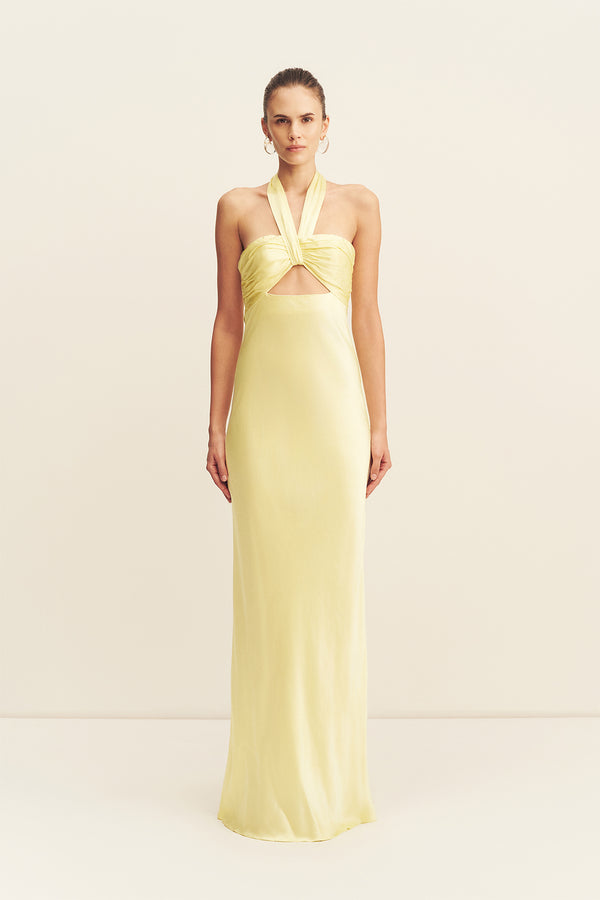 Shona Joy La Lune Ruched Halter Maxi Dress in Yellow - size Aus 8/US 4 Shona Joy La Lune Ruched Halter Maxi Dress in Yellow - size Aus 8/US 4