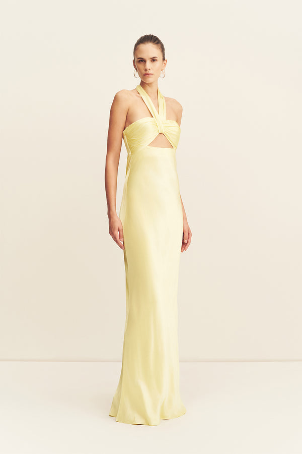 LA LUNE RUCHED HALTER MAXI DRESS - LEMON