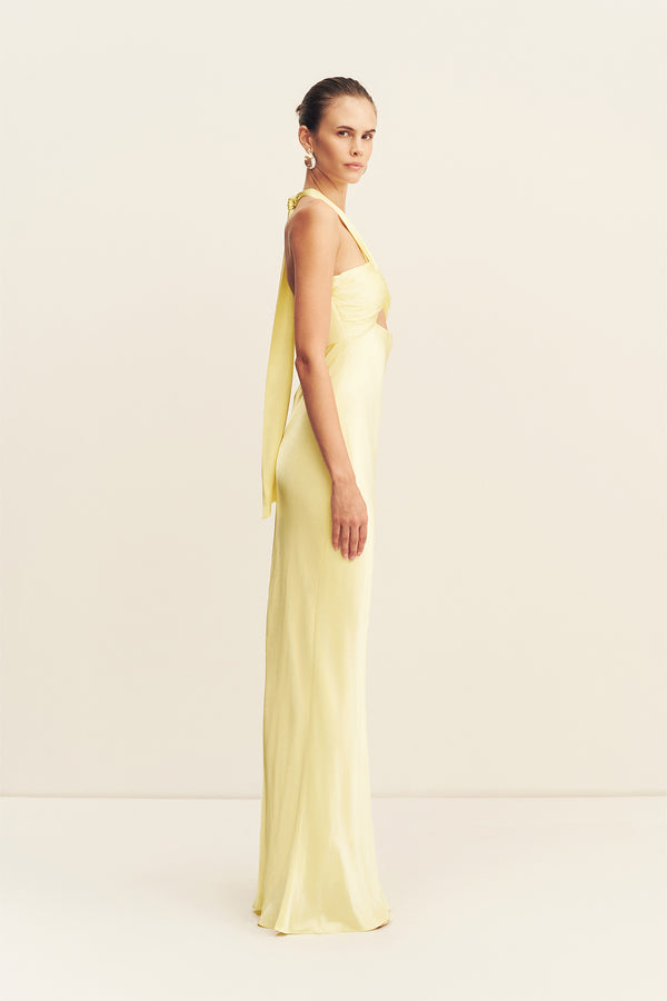 Shona Joy La Lune Ruched Halter Maxi Dress in Yellow - size Aus 8/US 4 Shona Joy La Lune Ruched Halter Maxi Dress in Yellow - size Aus 8/US 4