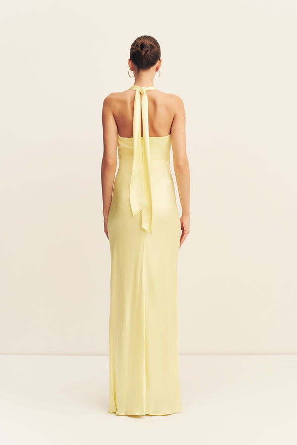 Shona Joy La Lune Ruched Halter Maxi Dress in Yellow - size Aus 8/US 4 Shona Joy La Lune Ruched Halter Maxi Dress in Yellow - size Aus 8/US 4