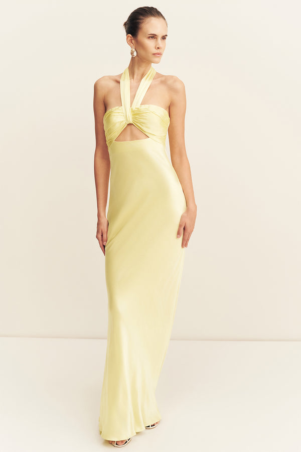 Shona Joy La Lune Ruched Halter Maxi Dress in Yellow - size Aus 8/US 4 Shona Joy La Lune Ruched Halter Maxi Dress in Yellow - size Aus 8/US 4