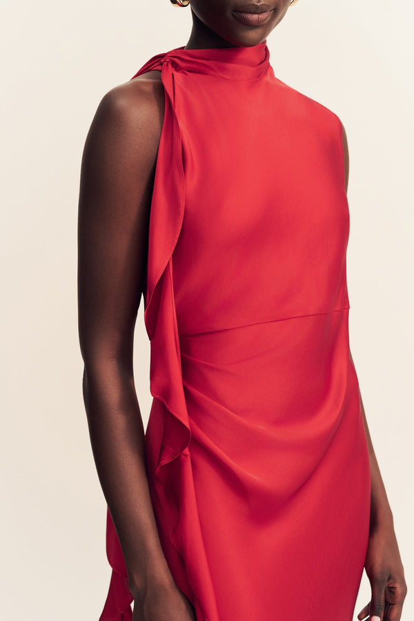 AGNES DRAPED RUFFLE MAXI DRESS - CHERRY