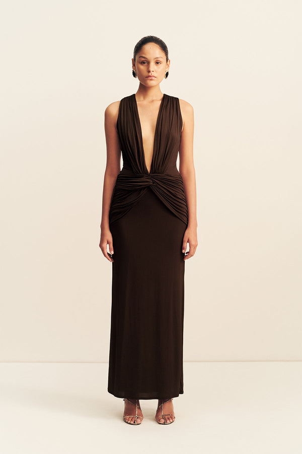 MIRO SLINKY JERSEY PLUNGED MAXI DRESS - RISTRETTO_F
