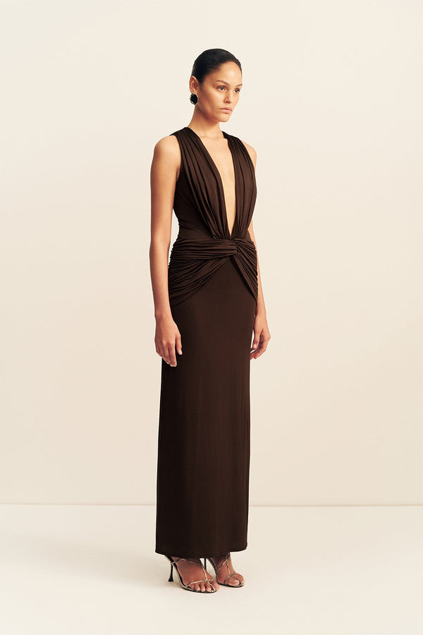 MIRO SLINKY JERSEY PLUNGED MAXI DRESS - RISTRETTO