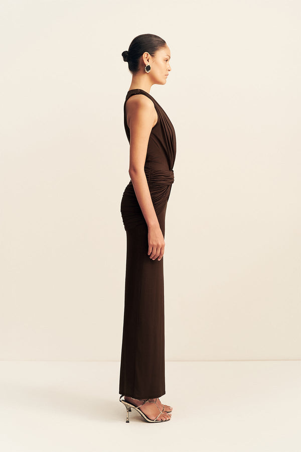MIRO SLINKY JERSEY PLUNGED MAXI DRESS - RISTRETTO