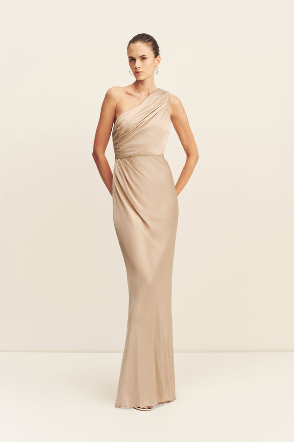 LA LUNE GATHERED ONE SHOULDER MAXI DRESS - GOLD_F