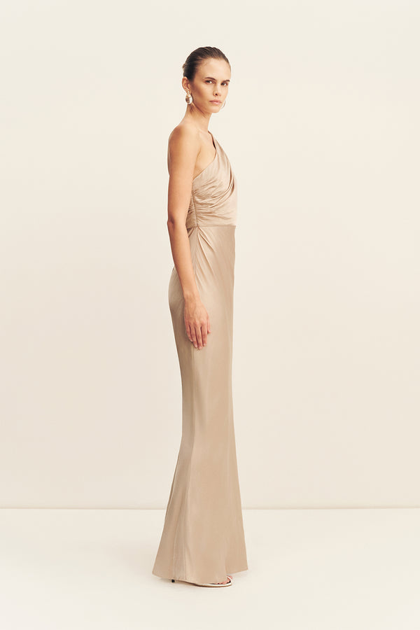 LA LUNE GATHERED ONE SHOULDER MAXI DRESS - GOLD