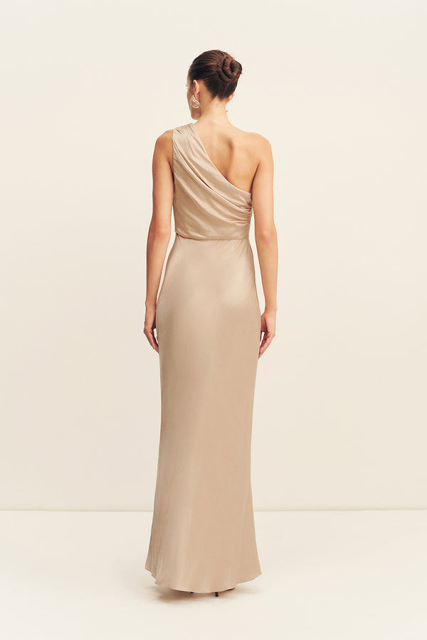 LA LUNE GATHERED ONE SHOULDER MAXI DRESS - GOLD