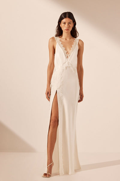 La Lune Cumulus Silk Lace Strap Split Maxi Dress | Ivory | Dresses La Lune Cumulus Silk Lace Strap Split Maxi Dress | Ivory | Dresses