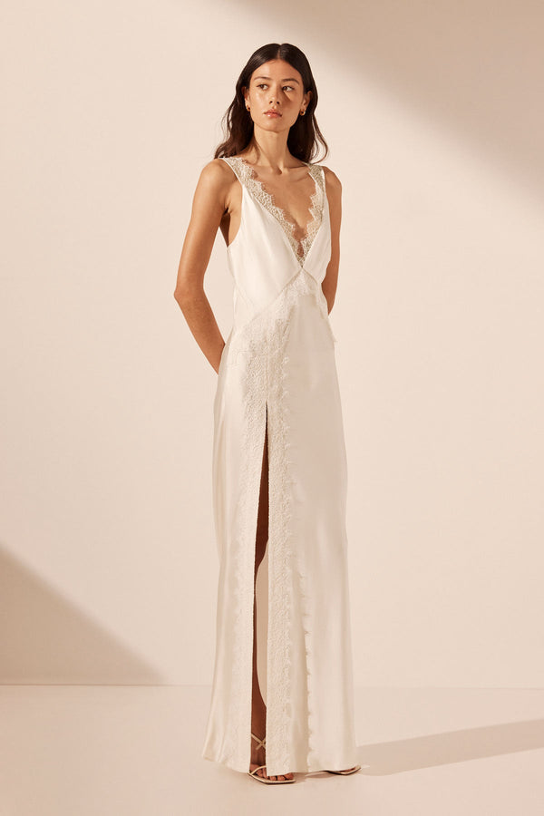 La Lune Cumulus Silk Lace Strap Split Maxi Dress | Ivory | Dresses La Lune Cumulus Silk Lace Strap Split Maxi Dress | Ivory | Dresses