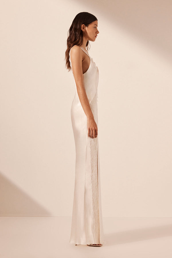 maxi split dress Shona Joy La Lune Cumulus Silk Lace Strap Split Maxi Dress