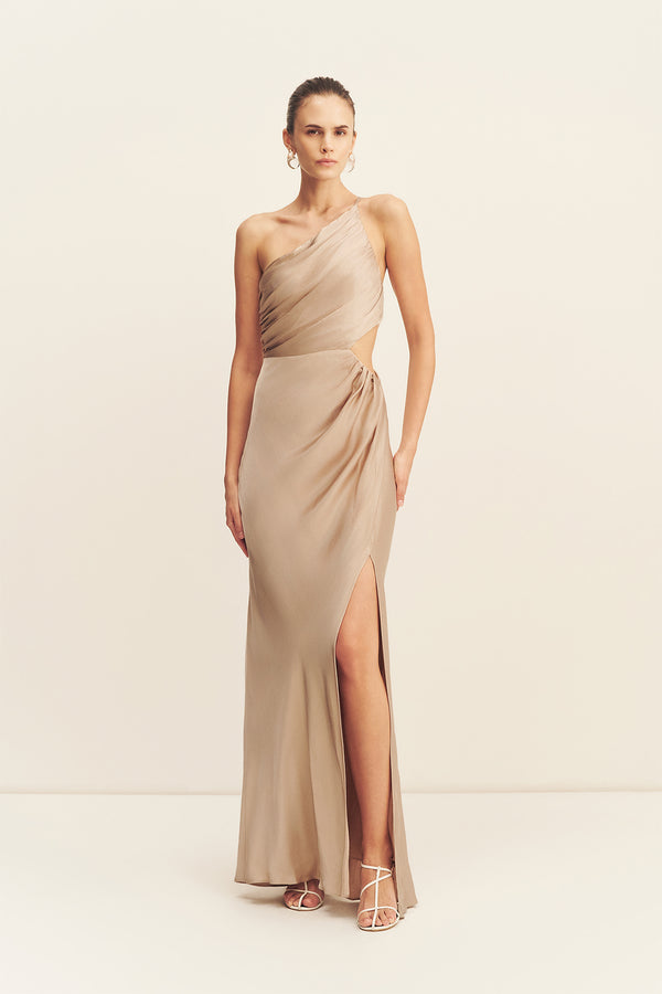 LA LUNE ASYMMETRICAL GATHERED MAXI DRESS - GOLD_F
