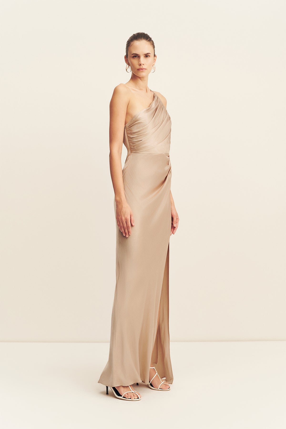 La Lune Asymmetrical Gathered Maxi Dress | Gold | Dresses | Shona