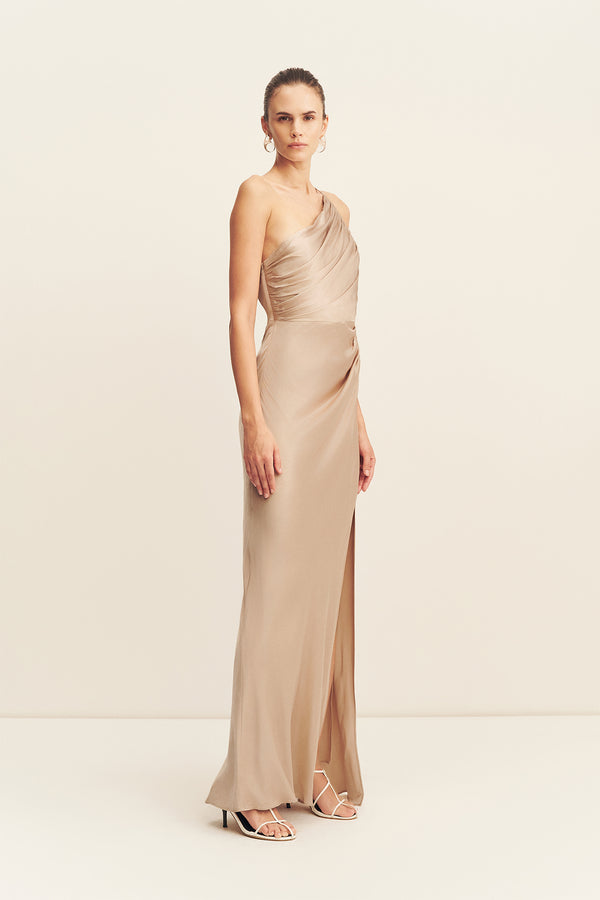 Shona Joy La Lune Asymmetrical Gathered Maxi Dress in Metallic Gold - size Aus 14/US 10 Shona Joy La Lune Asymmetrical Gathered Maxi Dress in Metallic Gold - size Aus 14/US 10