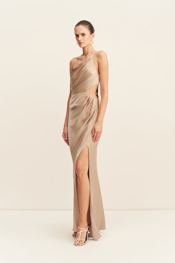 Shona Joy La Lune Asymmetrical Gathered Maxi Dress in Metallic Gold - size Aus 14/US 10 Shona Joy La Lune Asymmetrical Gathered Maxi Dress in Metallic Gold - size Aus 14/US 10