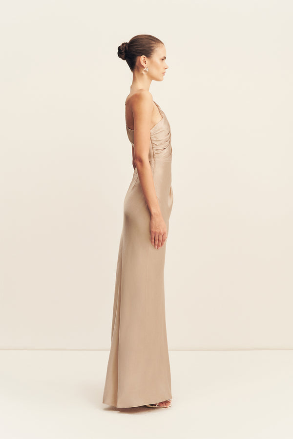 Shona Joy La Lune Asymmetrical Gathered Maxi Dress in Metallic Gold - Size aus 14/US 10 Shona Joy La Lune Asymmetrical Gathered Maxi Dress in Metallic Gold - Size aus 14/US 10