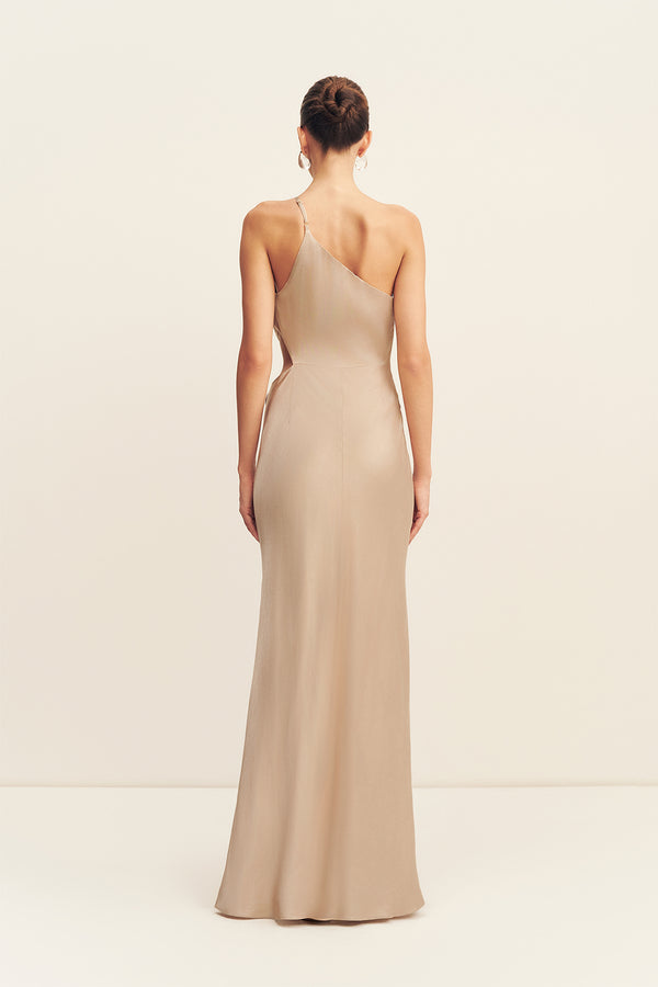 Shona Joy La Lune Asymmetrical Gathered Maxi Dress in Metallic Gold - size Aus 14/US 10 Shona Joy La Lune Asymmetrical Gathered Maxi Dress in Metallic Gold - size Aus 14/US 10