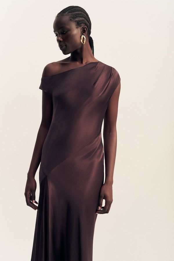 Shona Joy La Lune Asymmetrical Draped Maxi Dress in Brown - size Aus 12/US 8 Shona Joy La Lune Asymmetrical Draped Maxi Dress in Brown - size Aus 12/US 8