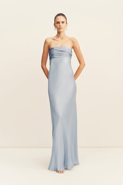 shona joy luxe ruched bodice midi dress Shona Joy - La Lune Strapless Ruched Bodice Maxi Dress - Powder Blue
