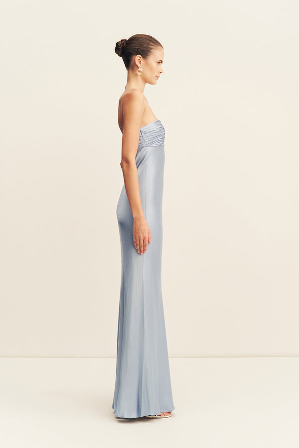 la lune strapless ruched bodice maxi dress La Lune Strapless Ruched Bodice Maxi Dress