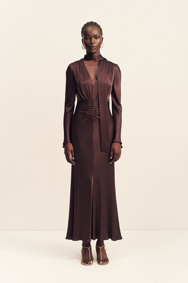 LA LUNE PLUNGED LONG SLEEVE MAXI DRESS - ESPRESSO_F