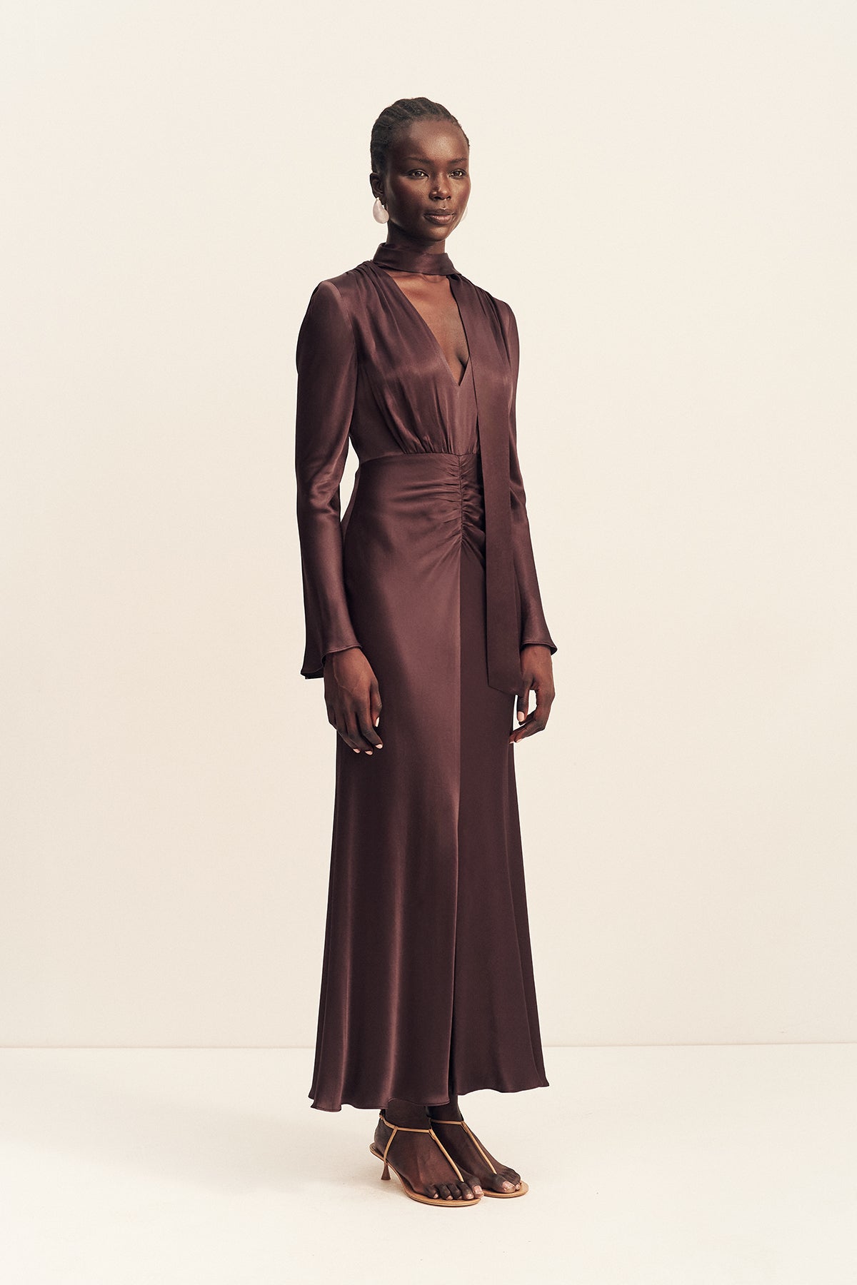 La Lune Plunged Long Sleeve Maxi Dress | Espresso | Dresses