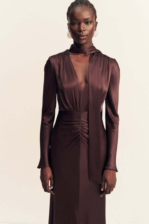LA LUNE PLUNGED LONG SLEEVE MAXI DRESS - ESPRESSO