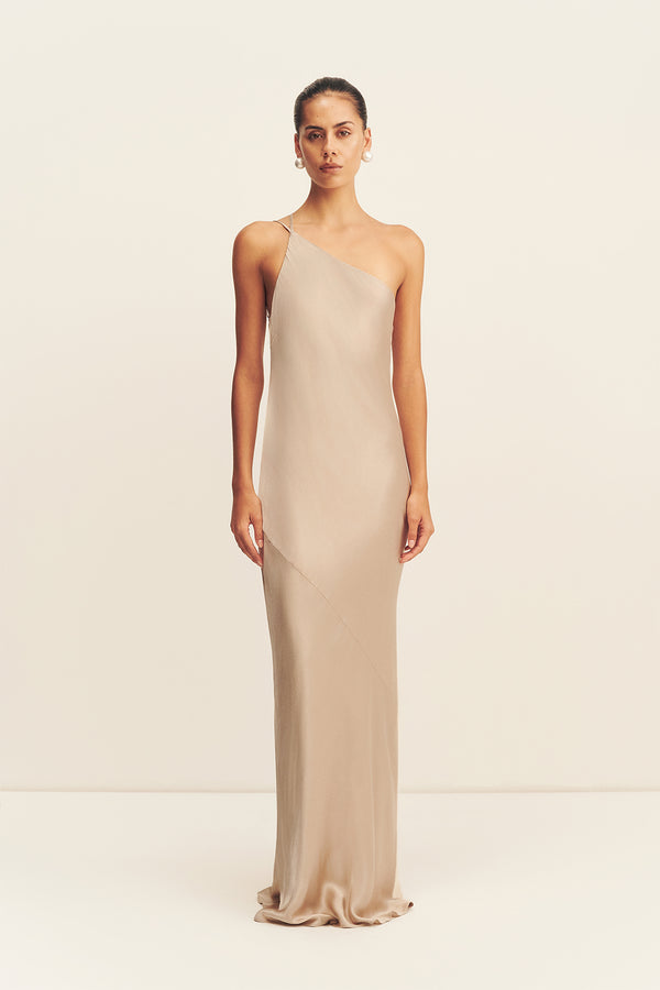 Shona Joy La Lune One Shoulder Cowl Back Maxi Dress in Tan - Size aus 10/US 6 Shona Joy La Lune One Shoulder Cowl Back Maxi Dress in Tan - Size aus 10/US 6