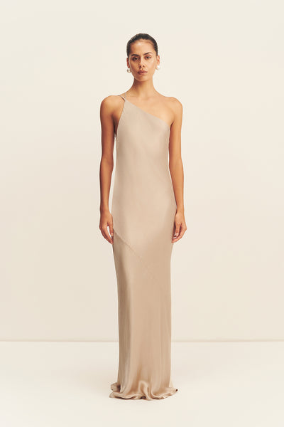 Shona Joy La Lune One Shoulder Cowl Back Maxi Dress in Tan - size Aus 10/US 6 Shona Joy La Lune One Shoulder Cowl Back Maxi Dress in Tan - size Aus 10/US 6