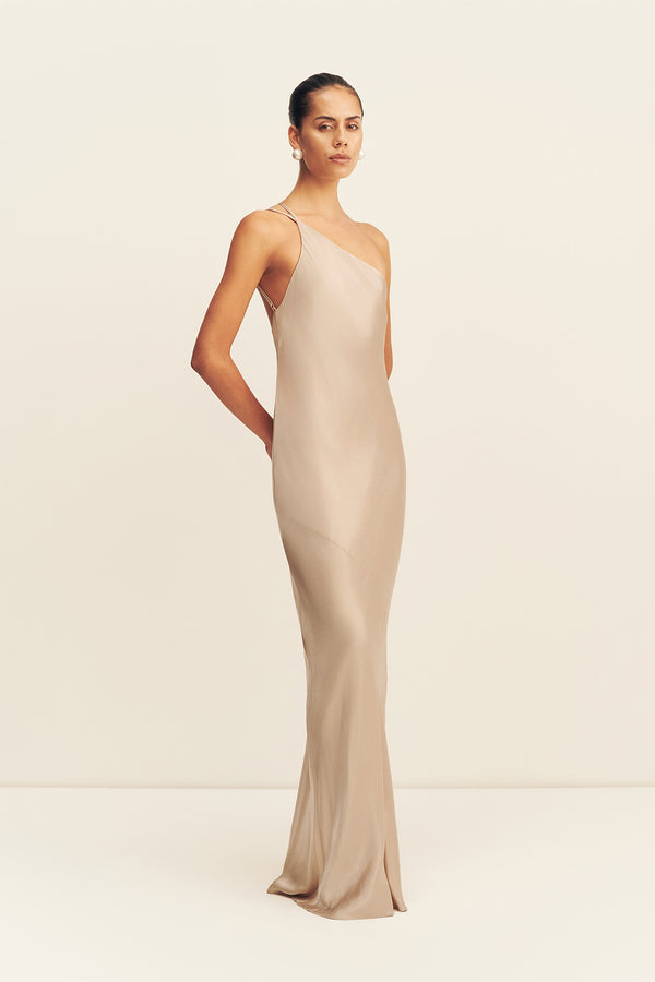 Shona Joy La Lune One Shoulder Cowl Back Maxi Dress in Tan - Size aus 10/US 6 Shona Joy La Lune One Shoulder Cowl Back Maxi Dress in Tan - Size aus 10/US 6