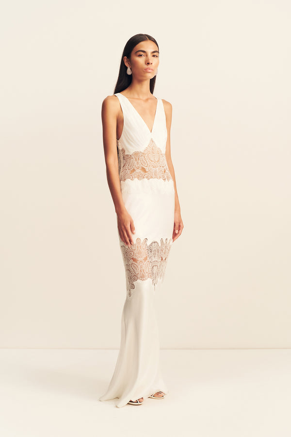 STRATUS PLUNGED LACE PANELLED MAXI DRESS - IVORY