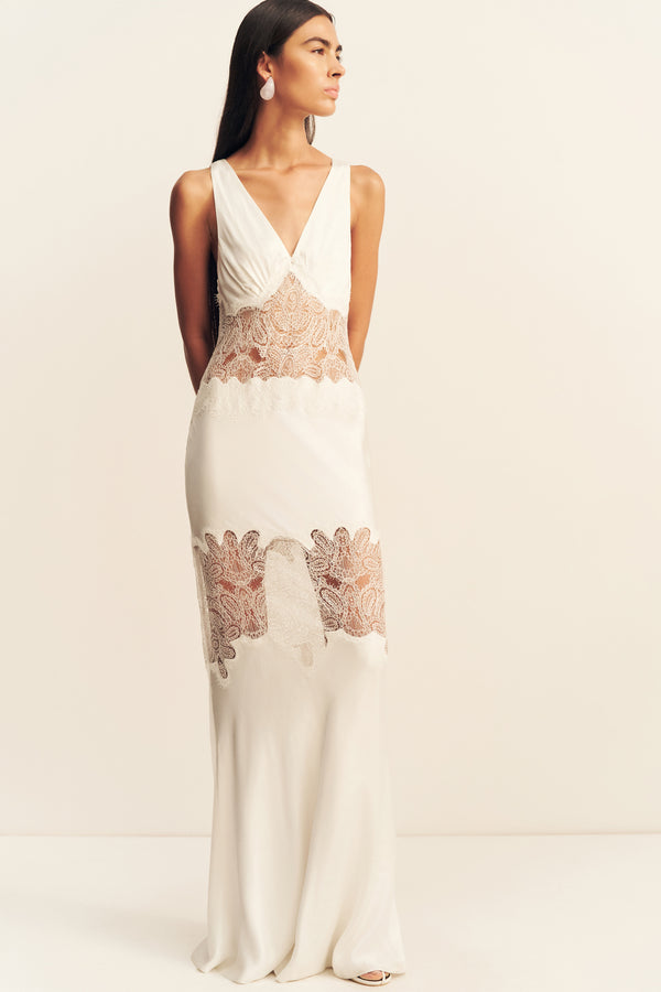 STRATUS PLUNGED LACE PANELLED MAXI DRESS - IVORY