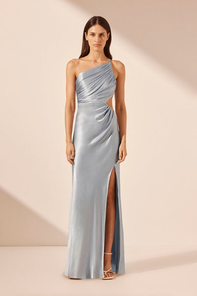 Dole Embellished Asymmetric Maxi Dress in Smokey Blue