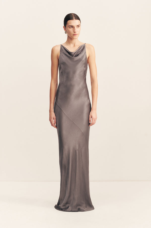 LA LUNE HIGH NECK COWL MAXI DRESS - GRAPHITE_F
