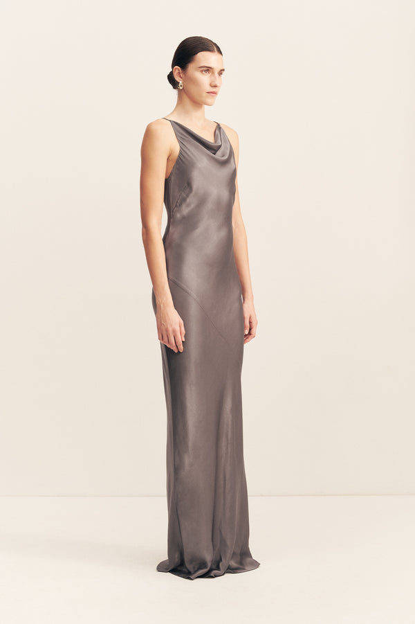 LA LUNE HIGH NECK COWL MAXI DRESS - GRAPHITE