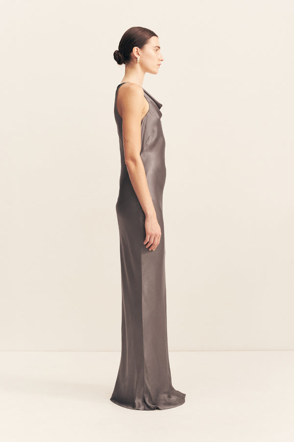 LA LUNE HIGH NECK COWL MAXI DRESS - GRAPHITE