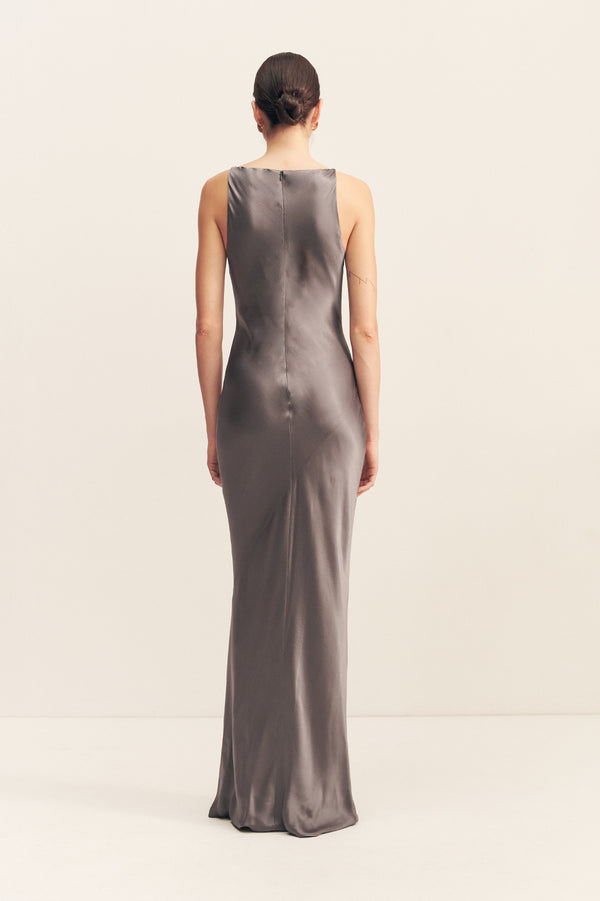 LA LUNE HIGH NECK COWL MAXI DRESS - GRAPHITE