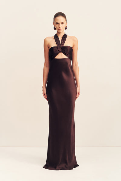 slim fit dress slacks La Lune Ruched Halter Maxi Dress | Espresso | Dresses