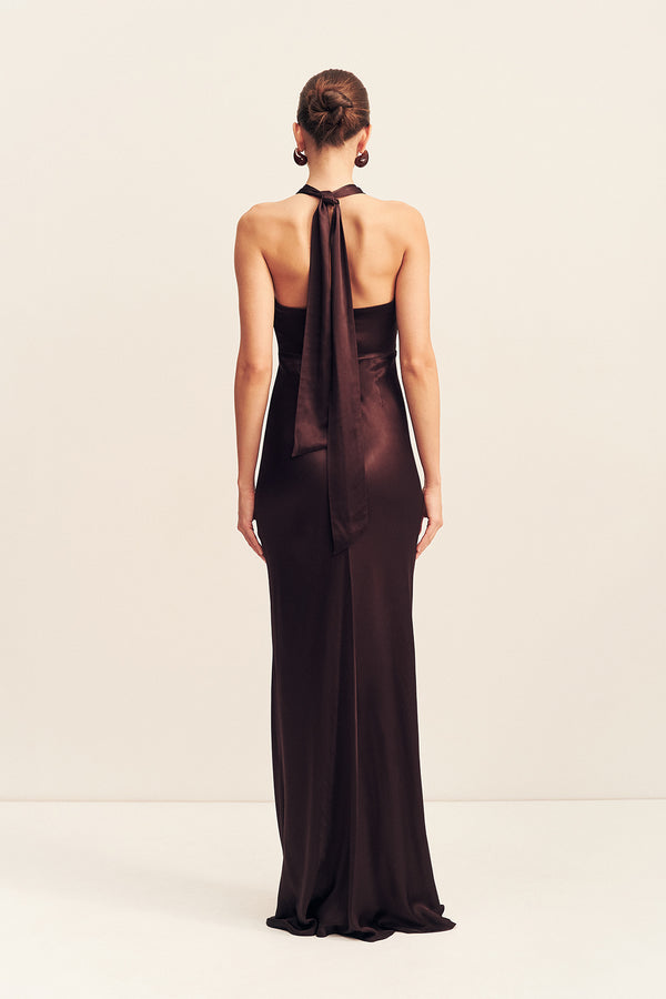 LA LUNE RUCHED HALTER MAXI DRESS - ESPRESSO