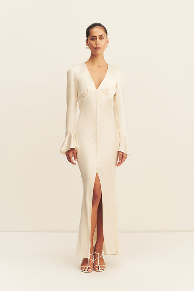 shona joy la lune high neck midi dress Shona Joy La Lune Frill Cuff Bias Midi Dress in Cream