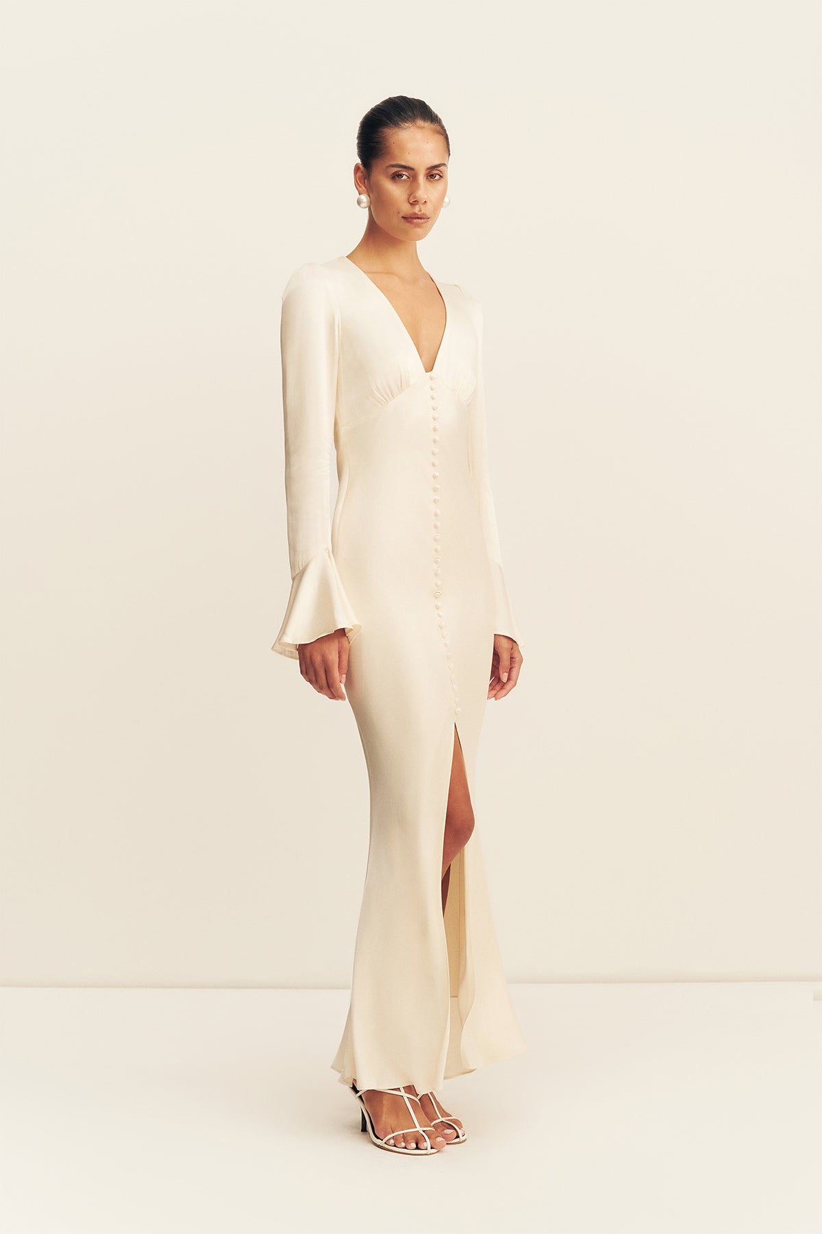 La Lune Frill Cuff Bias Midi Dress | Cream | Dresses | Shona Joy