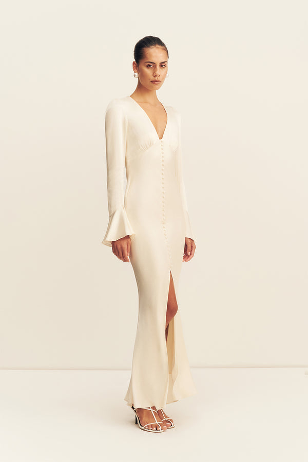 LA LUNE FRILL CUFF BIAS MIDI DRESS - CREAM