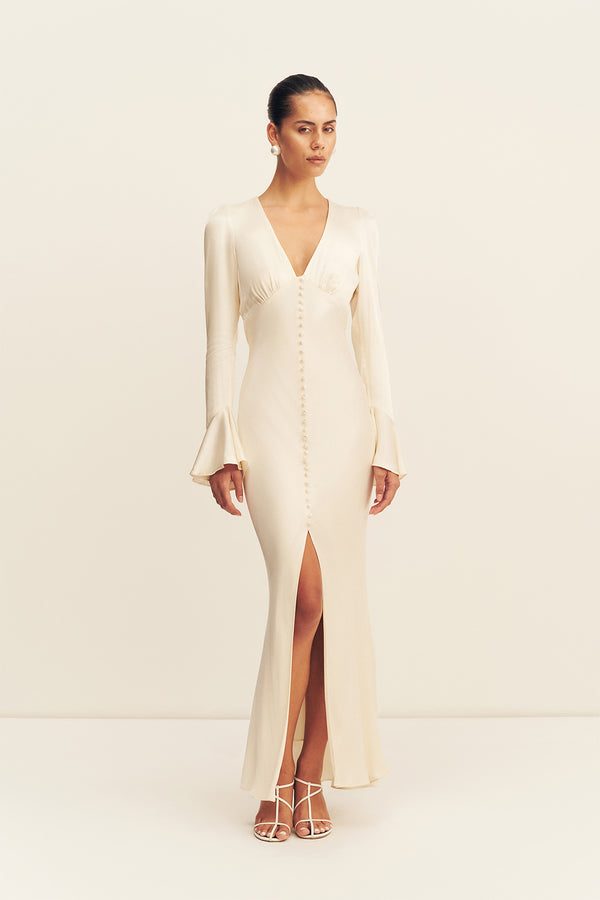 La Lune Frill Cuff Bias Midi Dress | Cream | Dresses | Shona Joy Shona Joy US La Lune Frill Cuff Bias Midi Dress | Cream | Dresses | Shona Joy Shona Joy US