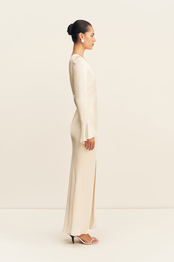 LA LUNE FRILL CUFF BIAS MIDI DRESS - CREAM