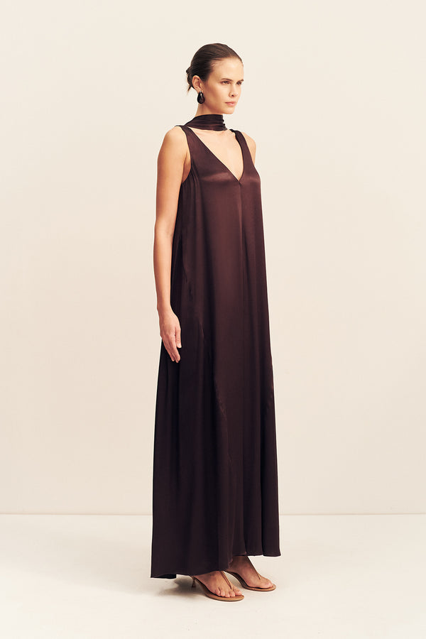 brown dress with scarf Shona Joy - La Lune Scarf Panelled Maxi Dress - Espresso