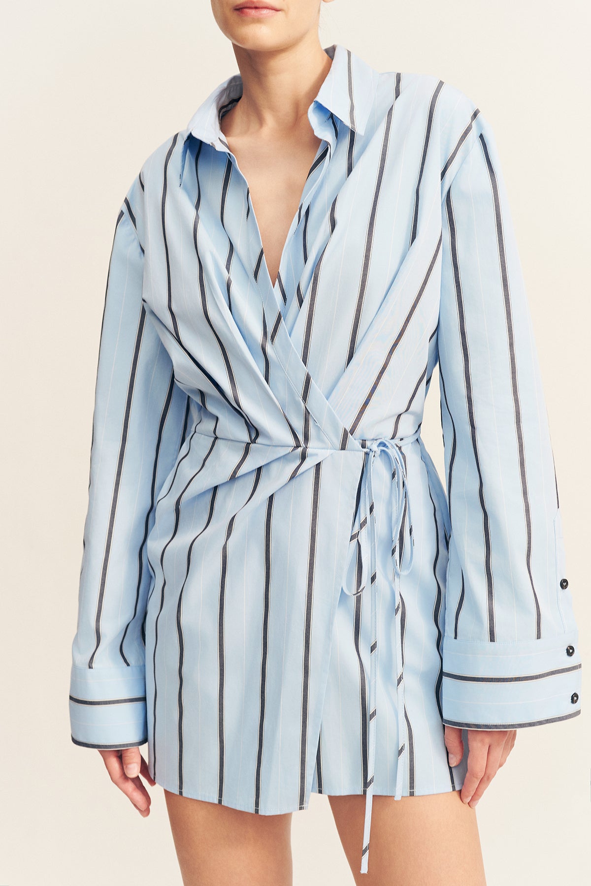 Saxon Draped Shirt Mini Dress | Bather Stripe | Dresses | Shona
