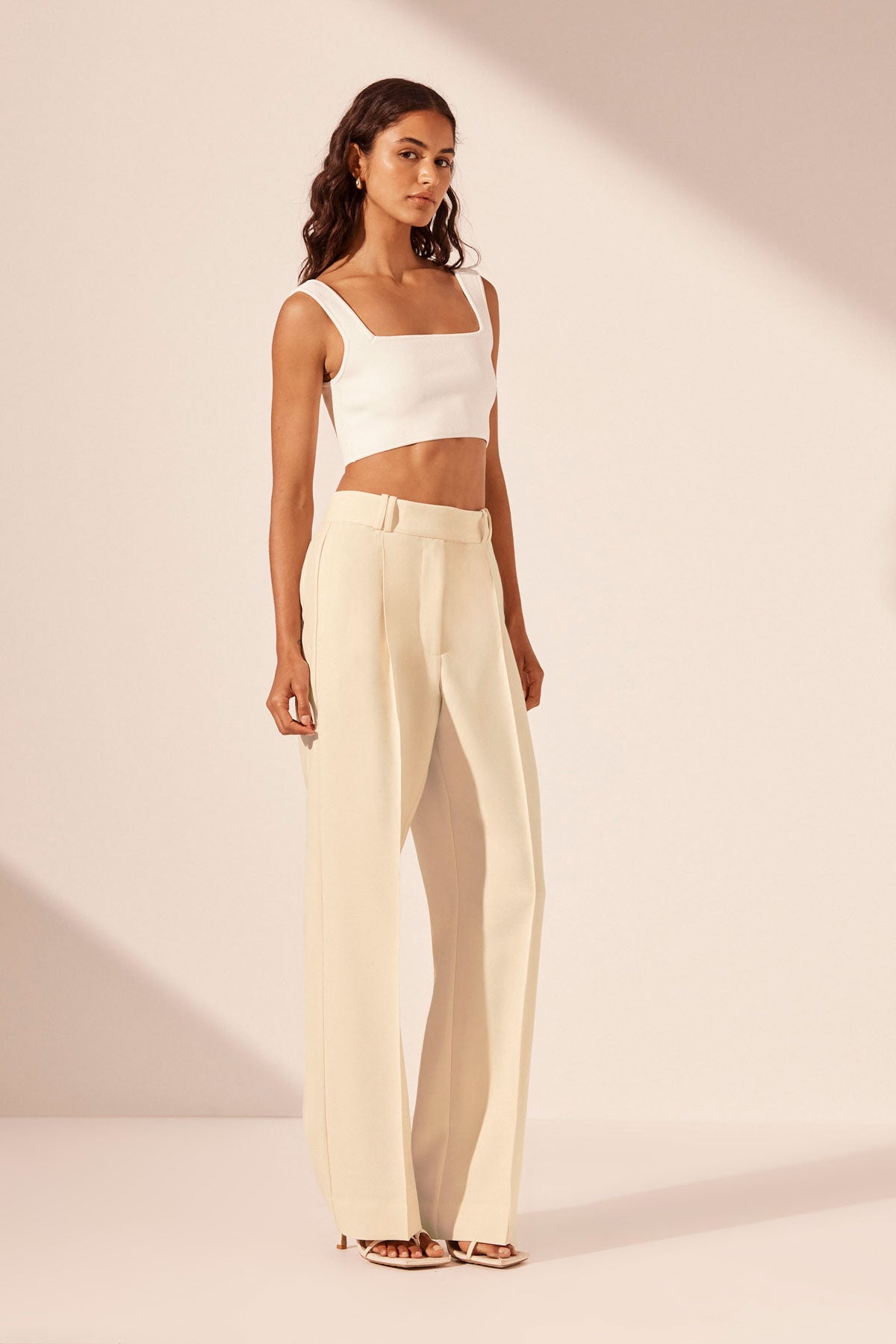 Buy Brown Linen Square Neck Sleeveless Crop Top And Pant Set For