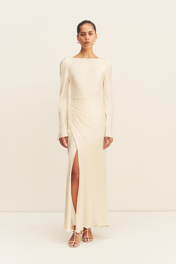 LA LUNE FLARED SLEEVE SIDE SPLIT MIDI DRESS - CREAM_F